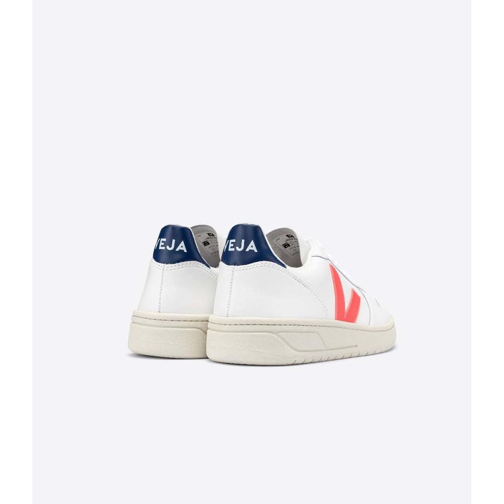 Veja V-10 LEATHER Joggesko Dame White/Orange/Blue | NO 646JPQ